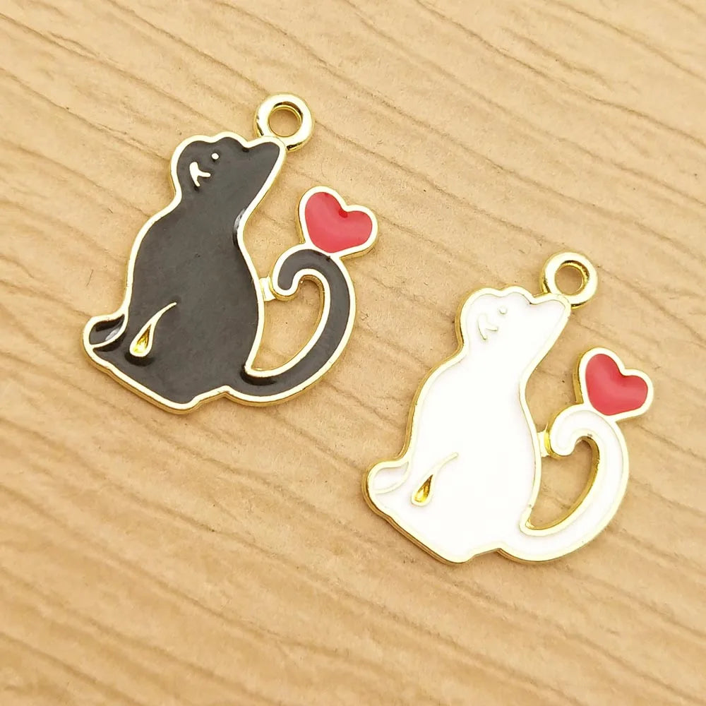 10pcs Heart Cat Charm for Jewelry Making Supplies Kawaii Enamel Animal Pendant Bracelet Earring Accessories Diy Craft Supplies