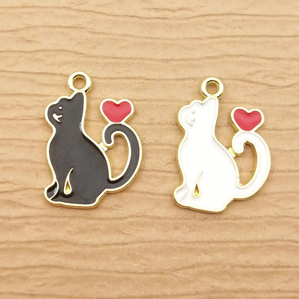 10pcs Heart Cat Charm for Jewelry Making Supplies Kawaii Enamel Animal Pendant Bracelet Earring Accessories Diy Craft Supplies