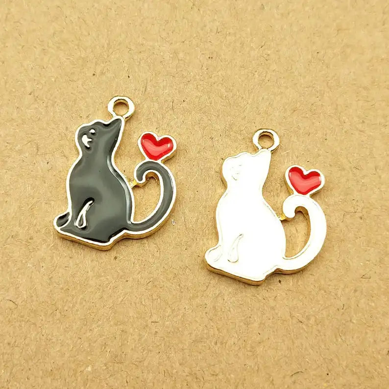 10pcs Heart Cat Charm for Jewelry Making Supplies Kawaii Enamel Animal Pendant Bracelet Earring Accessories Diy Craft Supplies
