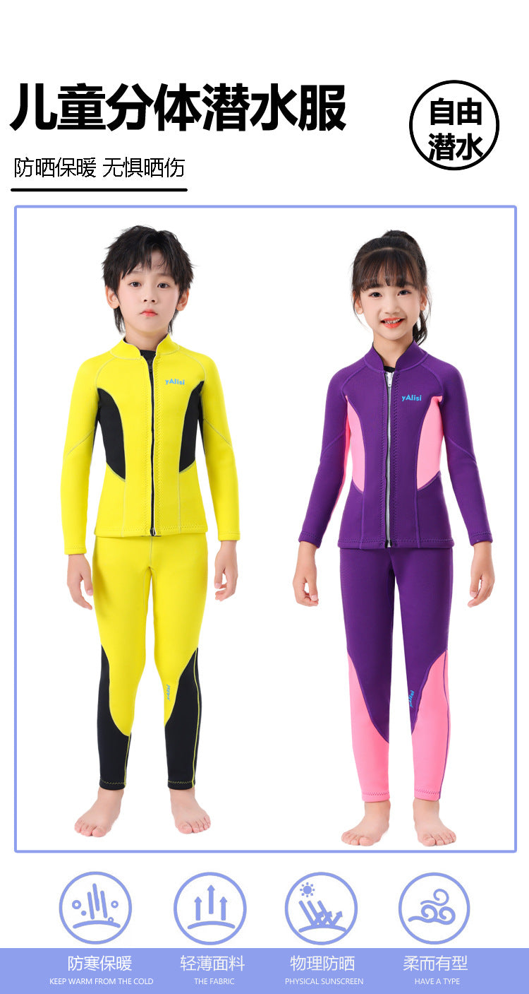 Kids Wetsuit 2pcs/set Top+Bottom 2.5mm Neoprene Jacket+Pants Long Sleeve Front Zipper Swimsuit Keep Warm Swimwear Dinving Suits