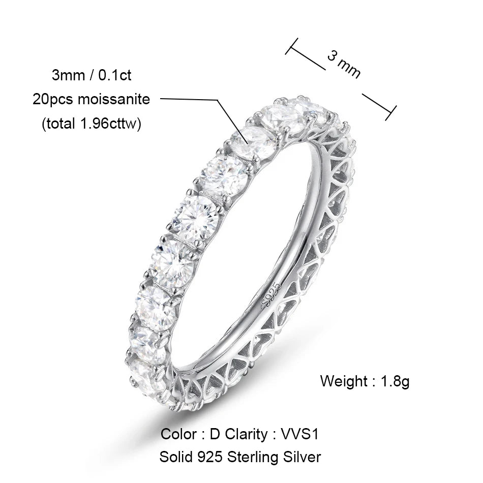 ALLNOEL 2mm Full Eternity Moissanite Wedding Band 925 Sterling Silver D Color VVS1 Stackable Ring For Women Fine Jewelry