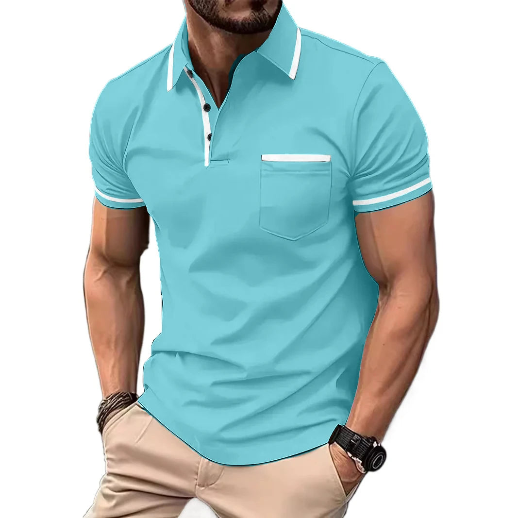 New Solid Color Polo Shirt Men's Short Sleeve Button Tshirts Lapel Lightweight Turn-down Streetwear Sport Casual Fitness Tops