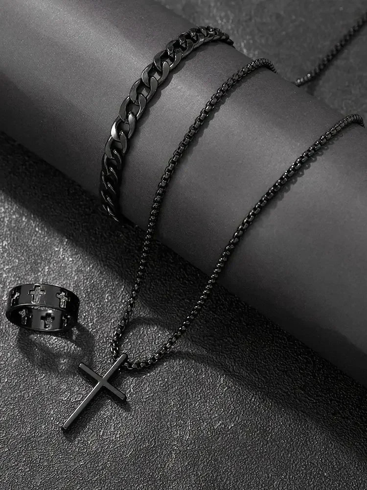 3pcs Fashion Alloy Men's Cross Pendant Necklace, Bracelet & Ring Combo Jewelry Set
