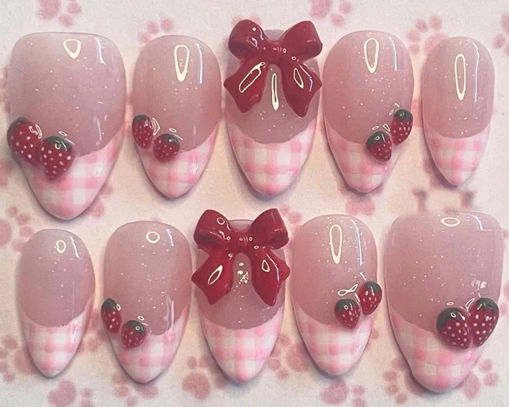 Y2K Spice Girls Handmade Note Polka Press On Nails Almonds Customized French Bow All Saints' Day False Nails Gift