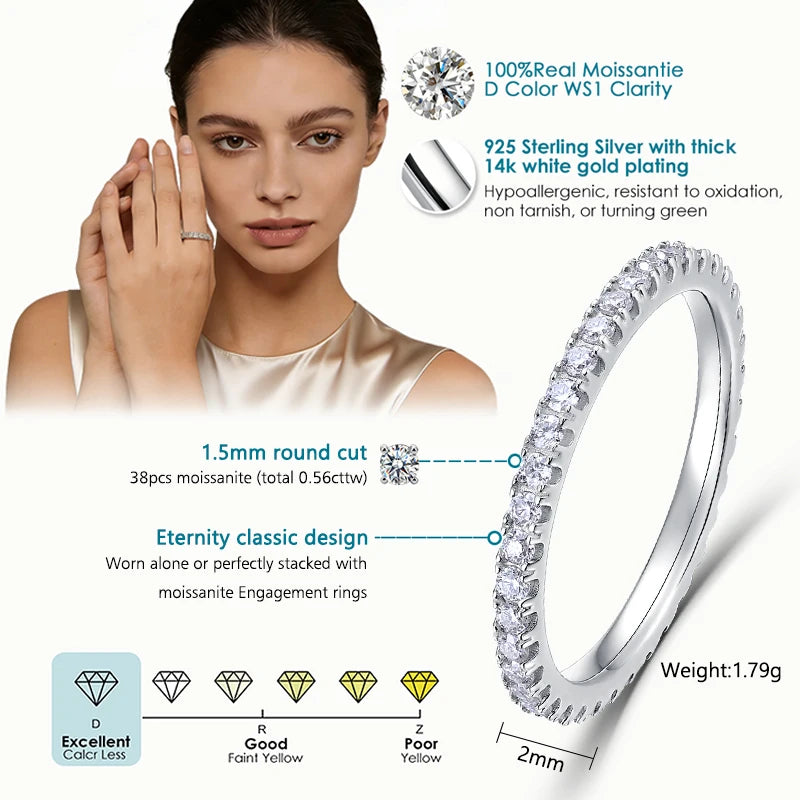 ALLNOEL 2mm Full Eternity Moissanite Wedding Band 925 Sterling Silver D Color VVS1 Stackable Ring For Women Fine Jewelry
