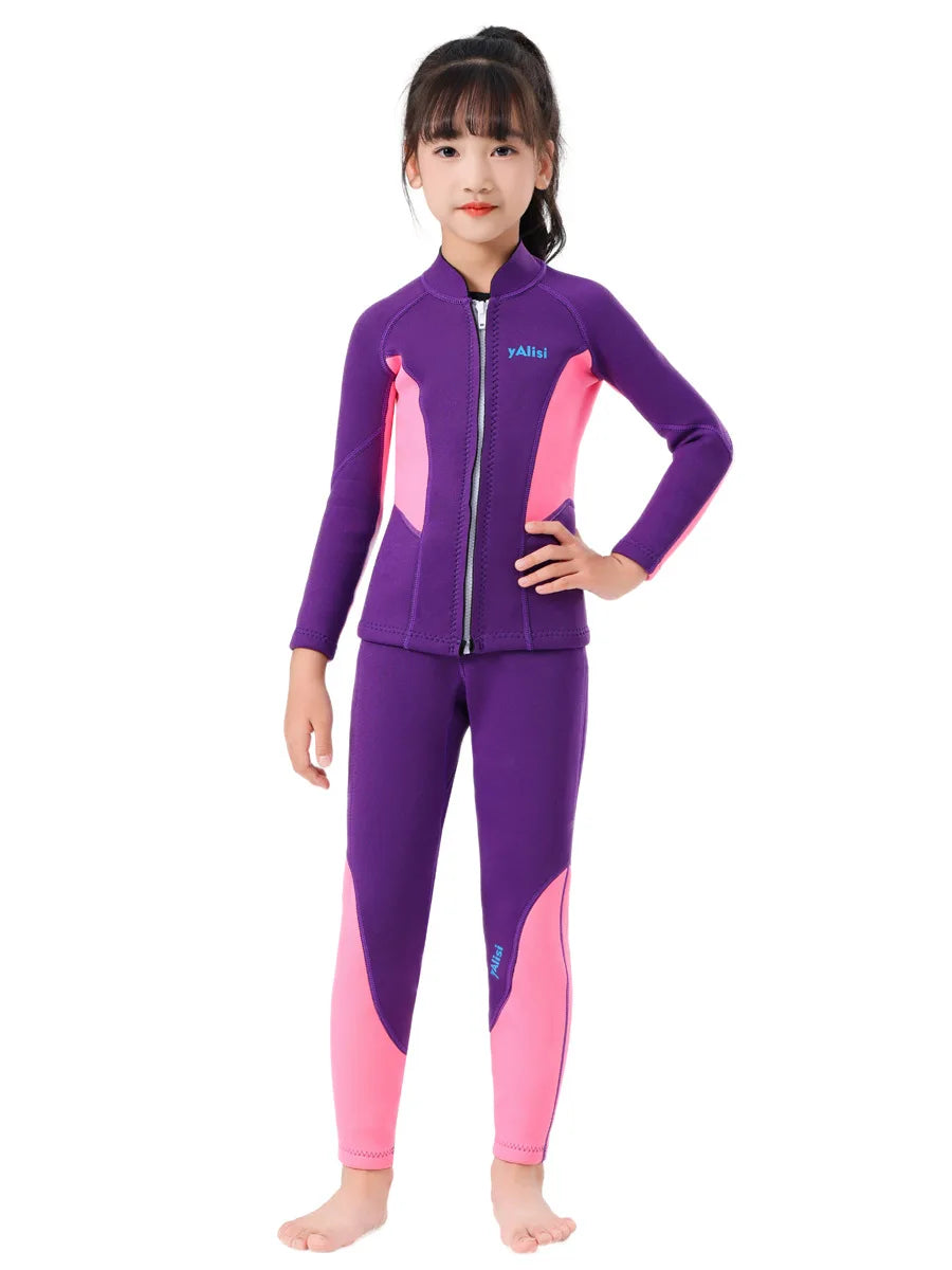 Kids Wetsuit 2pcs/set Top+Bottom 2.5mm Neoprene Jacket+Pants Long Sleeve Front Zipper Swimsuit Keep Warm Swimwear Dinving Suits