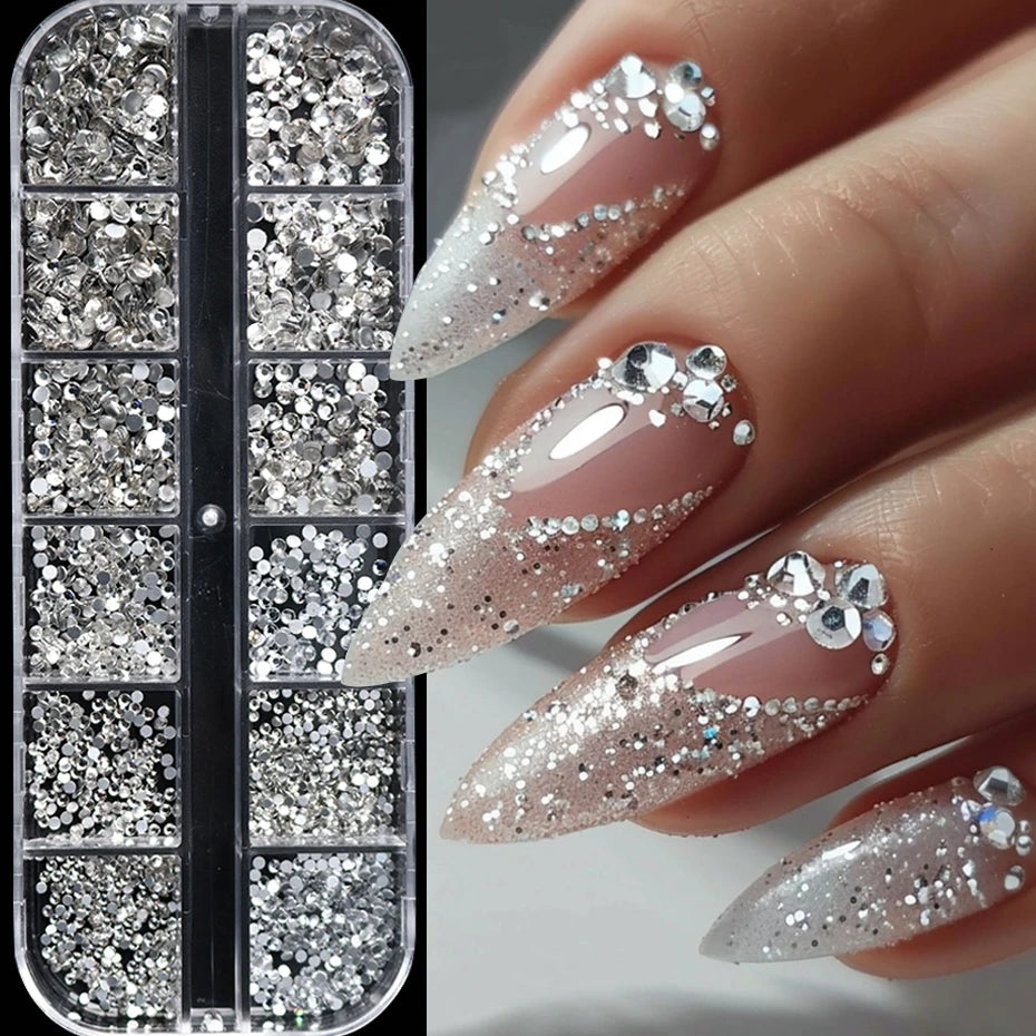 12 Grids Silvery Flat Bottom Rhinestone Nail Charms Shiny Crystal Diamond Sequins for Nails Suitable for Wedding Party Decor