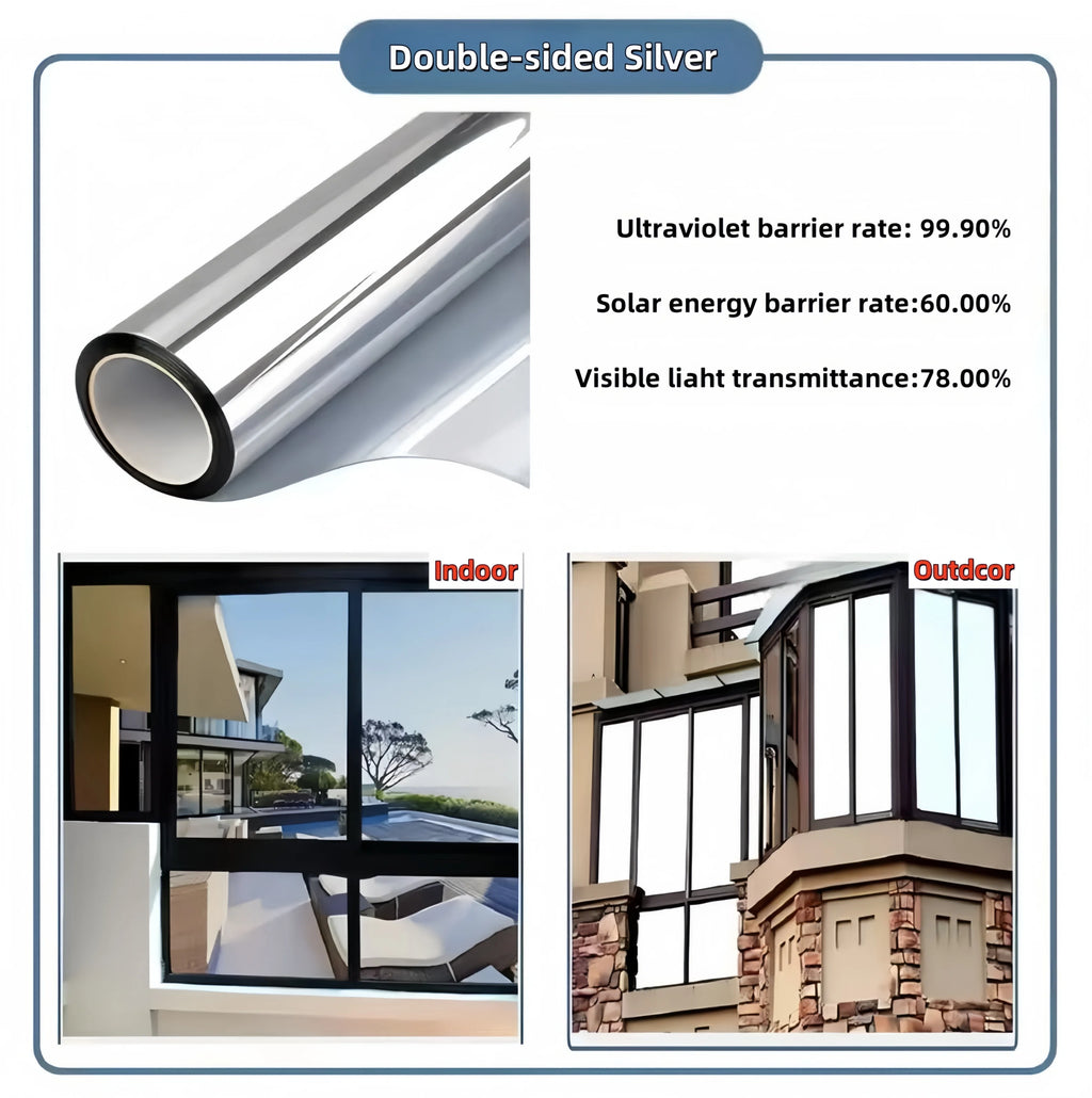 Silver Sun Protection and Heat Insulation Film Glass Sticker, Anti-Peeping, Anti-Light Leakage, Blackout Balcony Sunshade, One-Way Perspective Privacy Window Film