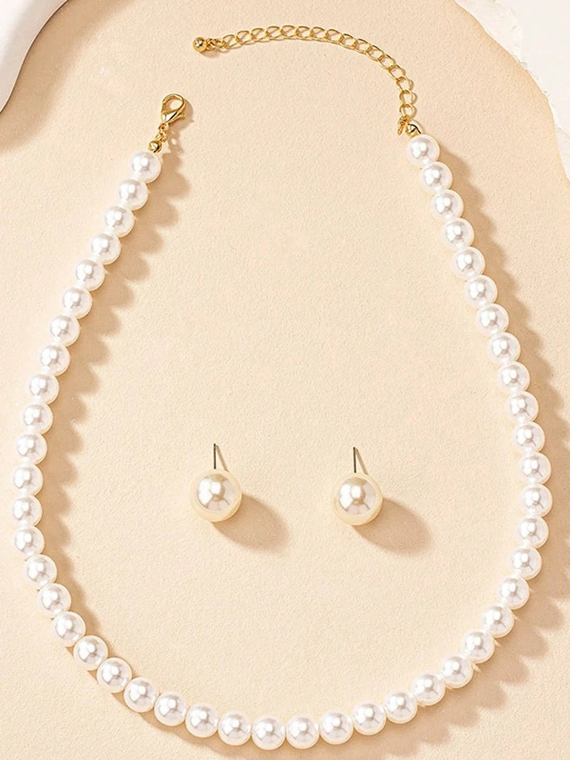 INS Fashion Minimalist Imitation Pearl Necklace Earrings Bracelet Jewelry Set Women's Party Accessories