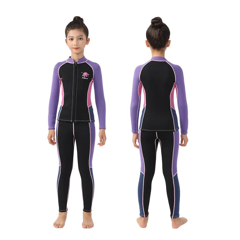 Kids Wetsuit 2pcs/set Top+Bottom 2.5mm Neoprene Jacket+Pants Long Sleeve Front Zipper Swimsuit Keep Warm Swimwear Dinving Suits