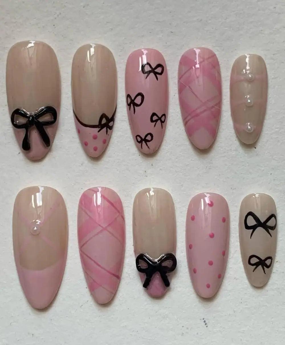 Y2K Spice Girls Handmade Note Polka Press On Nails Almonds Customized French Bow All Saints' Day False Nails Gift