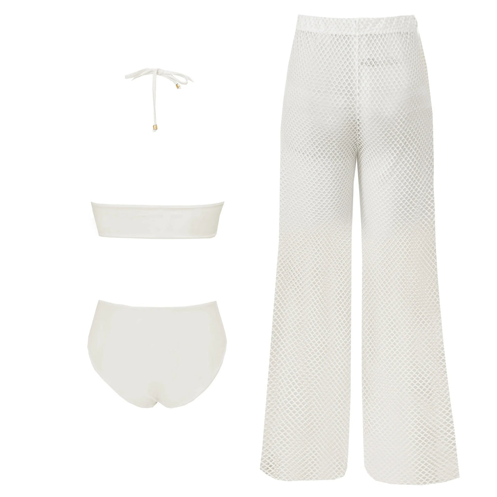 Sexy White Lace Three Piece Women Bikini Set With Pants Lace Bra High Waist Hollow Out Wide Leg Pants Suit Summer Beach Swimsuit