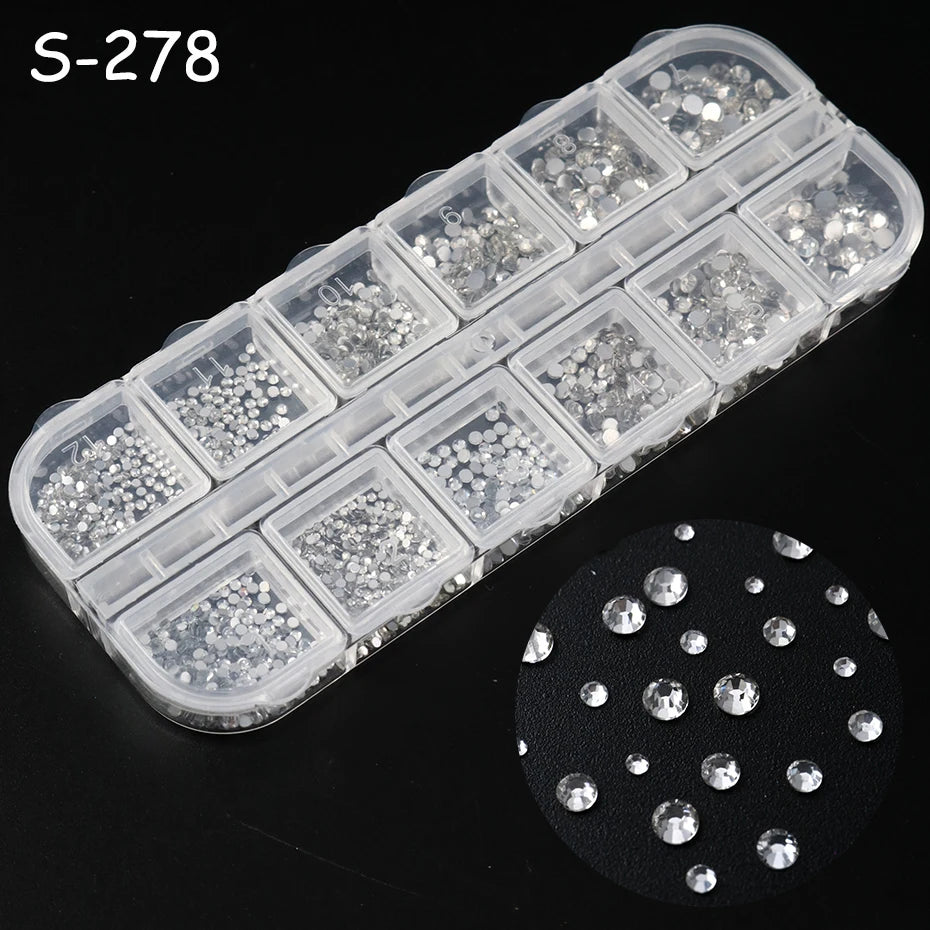 12 Grids Silvery Flat Bottom Rhinestone Nail Charms Shiny Crystal Diamond Sequins for Nails Suitable for Wedding Party Decor