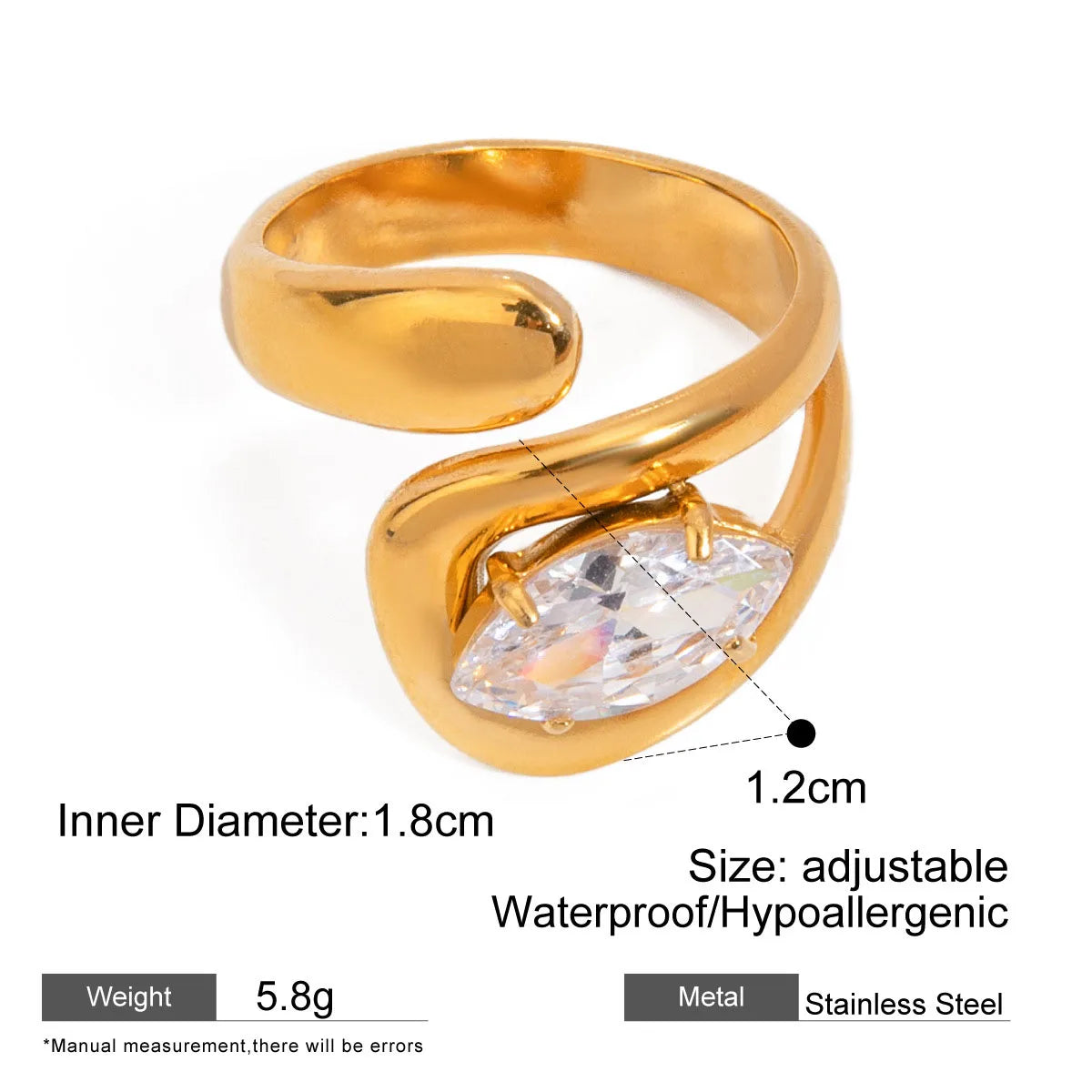 YHTOT Minimalist Stainless Steel Becca Adjustable Ring Zircon Water Drop Stackable Ring Women's Jewelry Gift for Her