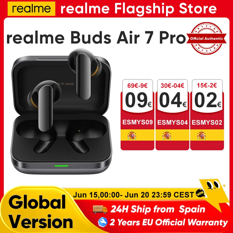Realme Buds Air 7 Pro with Ai, Bluetooth Headphones 53 Db, 48 Hours of Autonomy, Hi-Res and Lhdc 5.0, Compatible with Realme 16 Pro and Realme Gt 8 Pro