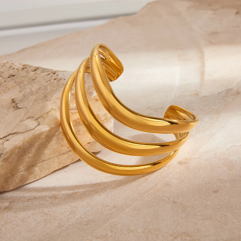 Uworld Minimalist Smooth Hollow Three layer Bracelet 18K Gold Color Plated Stainless Steel Linear Bracelet Women's Jewelry