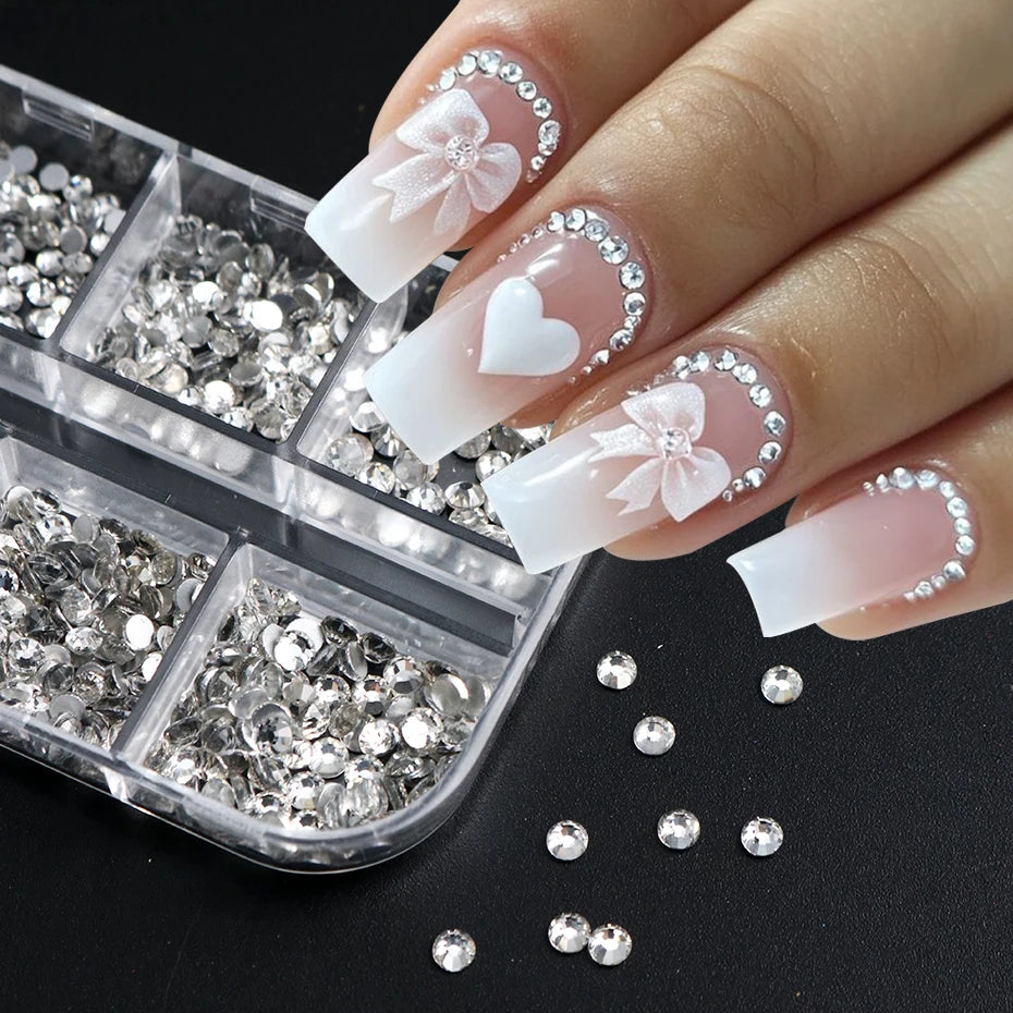12 Grids Silvery Flat Bottom Rhinestone Nail Charms Shiny Crystal Diamond Sequins for Nails Suitable for Wedding Party Decor