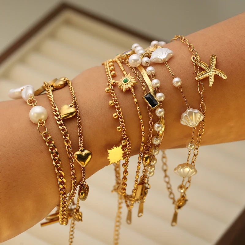 GANPUP 316L Stainless Steel Delicate Pearl Starfish Charms Bracelet For Women 2025 Texture Waterproof Wrist Chain Jewelry Gift