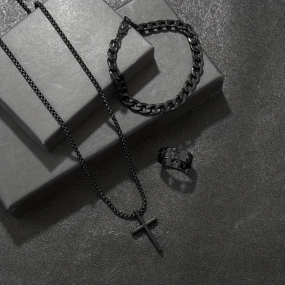 3pcs Fashion Alloy Men's Cross Pendant Necklace, Bracelet & Ring Combo Jewelry Set