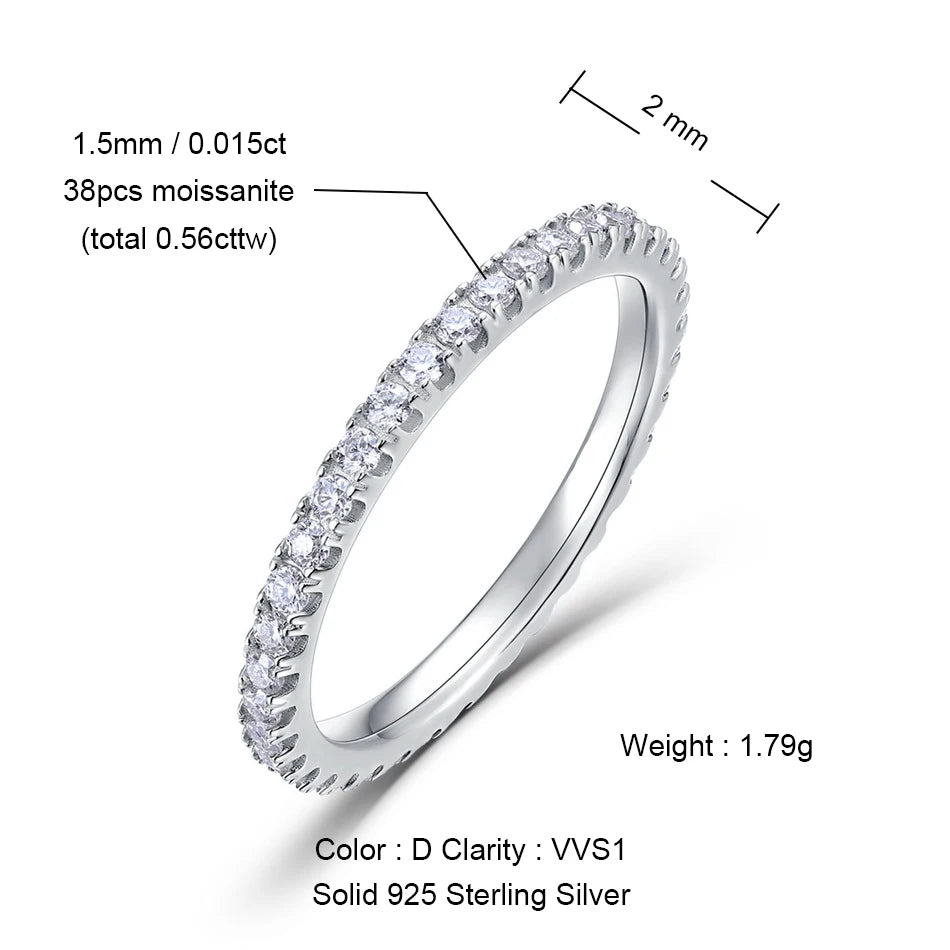 ALLNOEL 2mm Full Eternity Moissanite Wedding Band 925 Sterling Silver D Color VVS1 Stackable Ring For Women Fine Jewelry