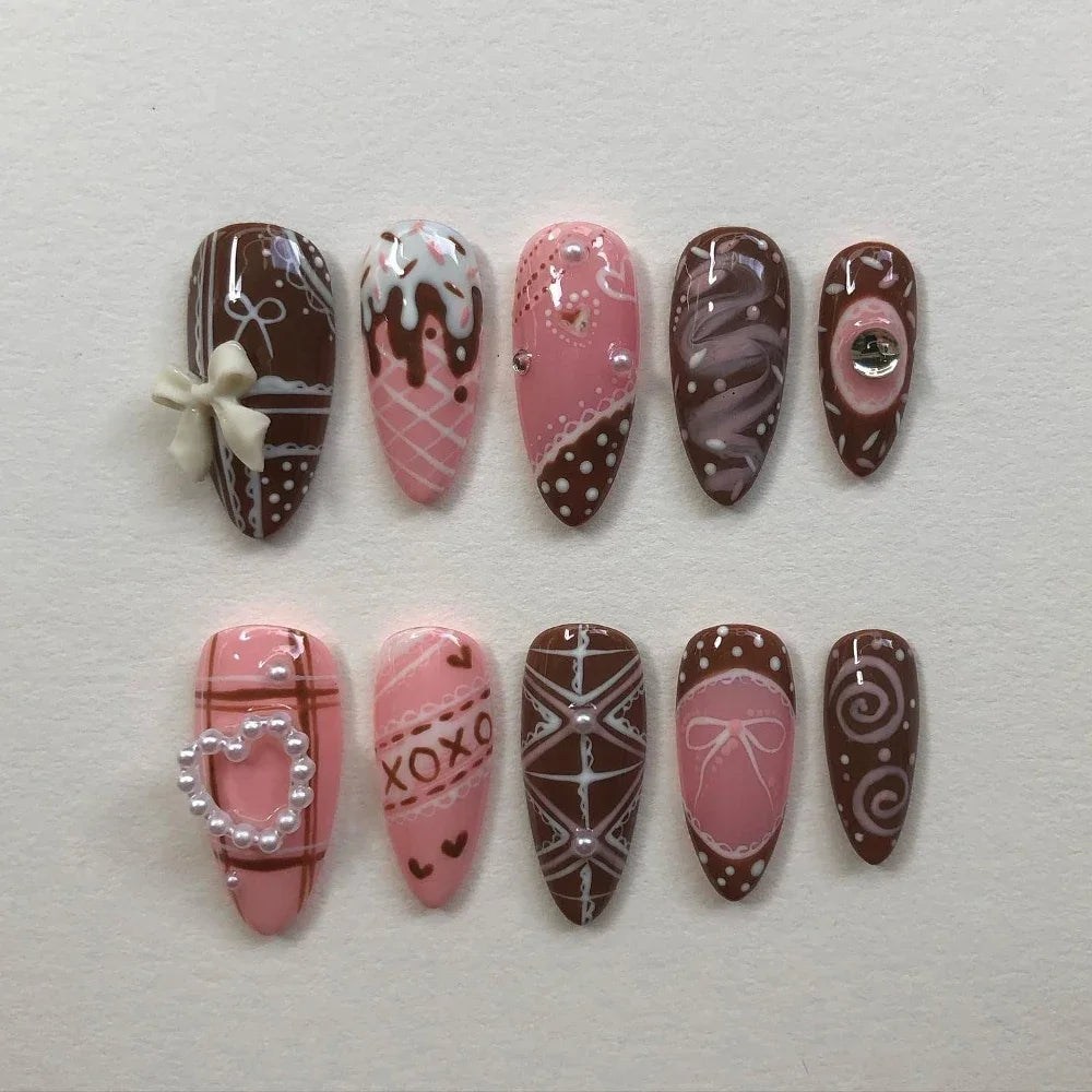 Y2K Spice Girls Handmade Note Polka Press On Nails Almonds Customized French Bow All Saints' Day False Nails Gift