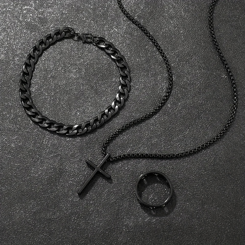 3pcs Fashion Alloy Men's Cross Pendant Necklace, Bracelet & Ring Combo Jewelry Set