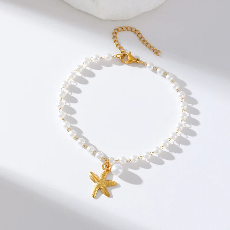 GANPUP 316L Stainless Steel Delicate Pearl Starfish Charms Bracelet For Women 2025 Texture Waterproof Wrist Chain Jewelry Gift