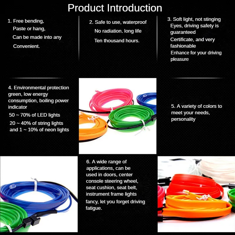 LED Car Ambient Lamp Car Interior Decoration Light Cold Light Strips  Waterproof Dashboard Console Lamp1/2/3/4/5M 12V Universal