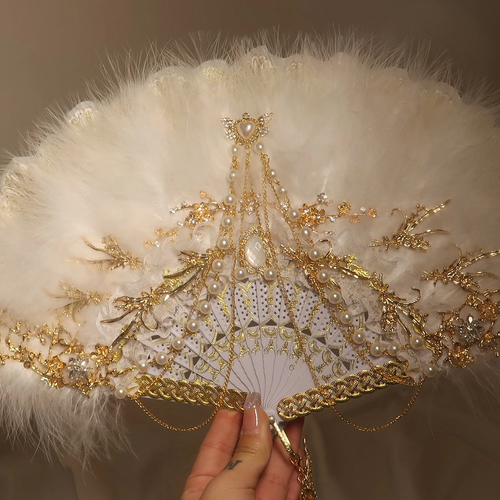 Feather Fan Lolita Dance Cheongsam Catwalk Show Folding Fan Retro Nostalgic Hanfu Fairy Lace Fan