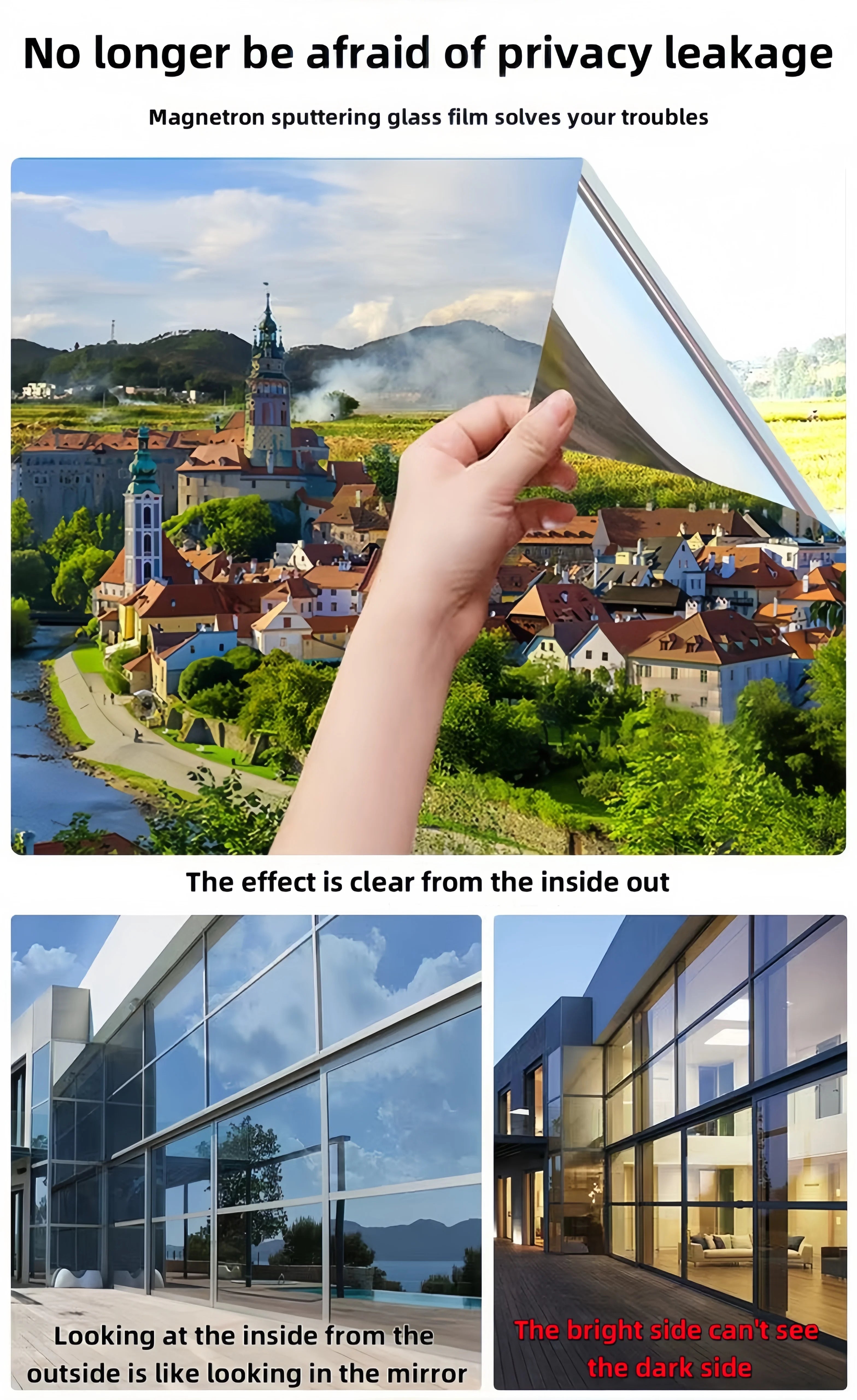 Silver Sun Protection and Heat Insulation Film Glass Sticker, Anti-Peeping, Anti-Light Leakage, Blackout Balcony Sunshade, One-Way Perspective Privacy Window Film