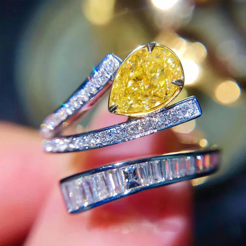 New Elegant Yellow Cubic Zirconia Women Rings Luxury Wedding Anniversary Party Lady's  Accessories Bright Fashion Jewelry