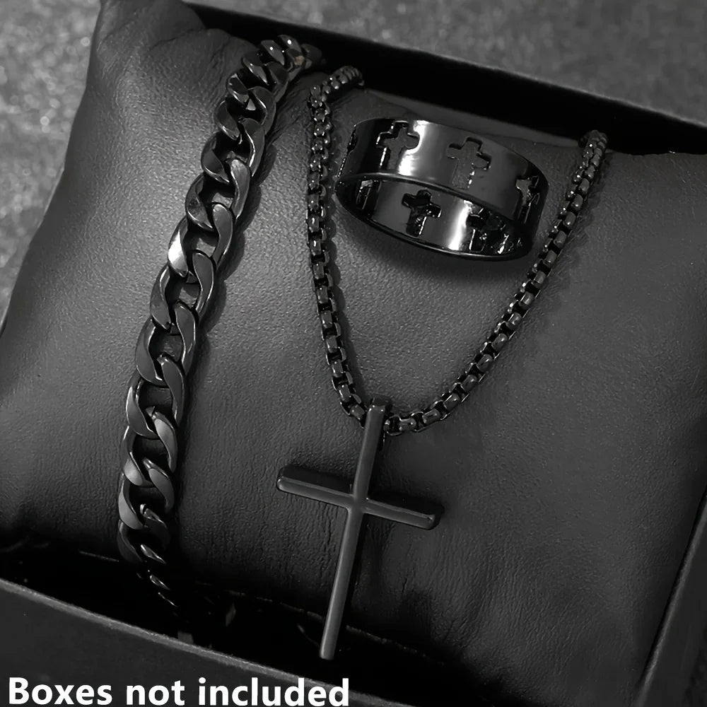 3pcs Fashion Alloy Men's Cross Pendant Necklace, Bracelet & Ring Combo Jewelry Set