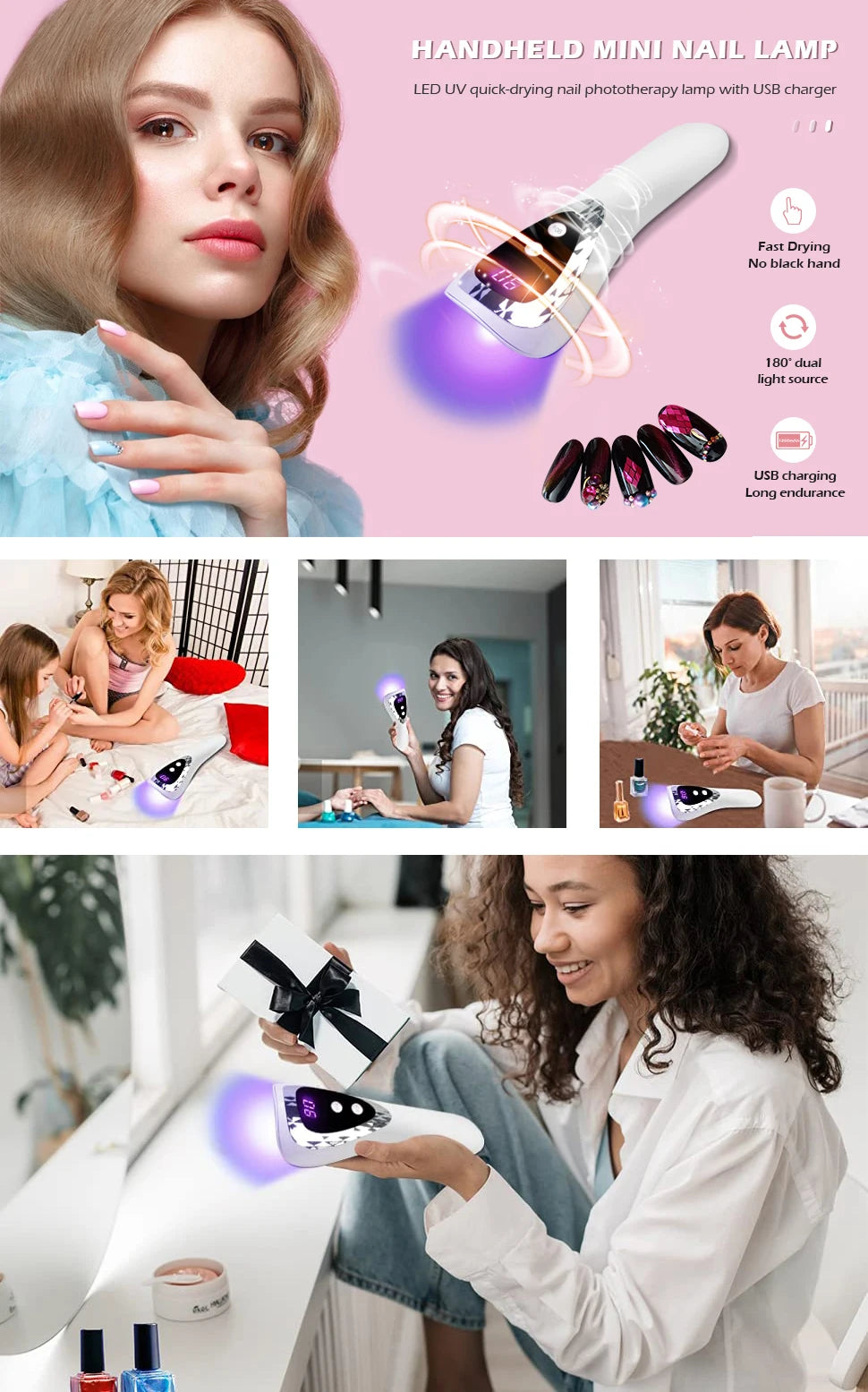 18W LED Handheld Nail Lamp UV LED Lamp For Nails Rechargeable Nail Dryer Non-Black Hand For Gel Nails Portability Nail Art Tool