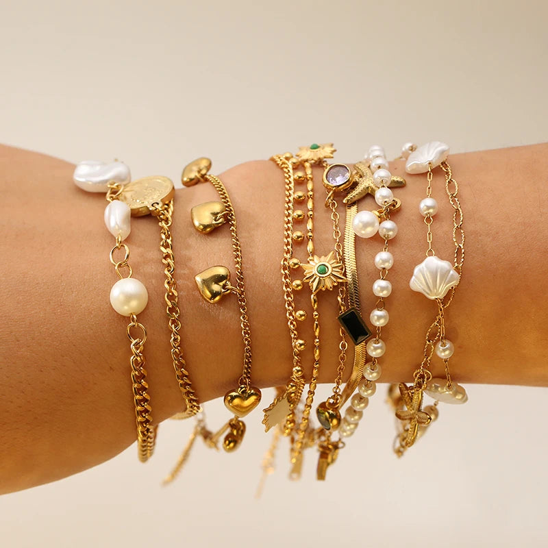 GANPUP 316L Stainless Steel Delicate Pearl Starfish Charms Bracelet For Women 2025 Texture Waterproof Wrist Chain Jewelry Gift