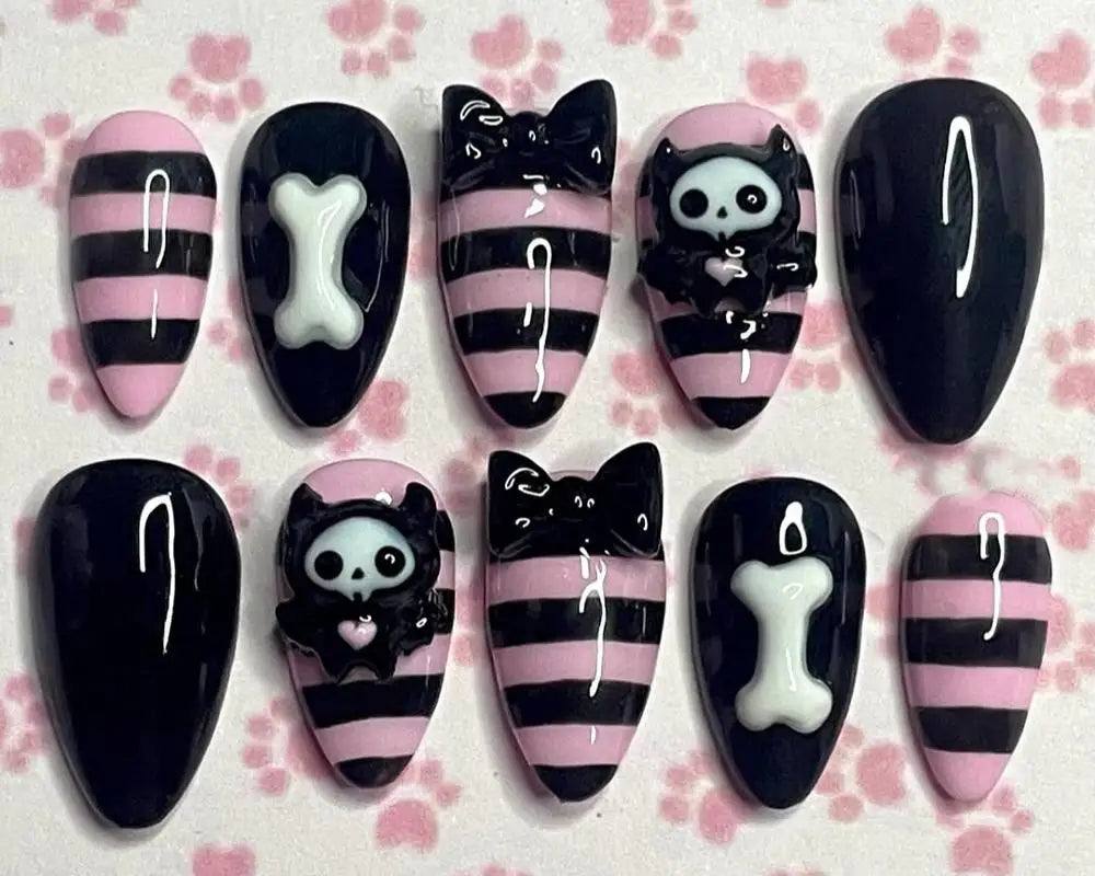 Y2K Spice Girls Handmade Note Polka Press On Nails Almonds Customized French Bow All Saints' Day False Nails Gift