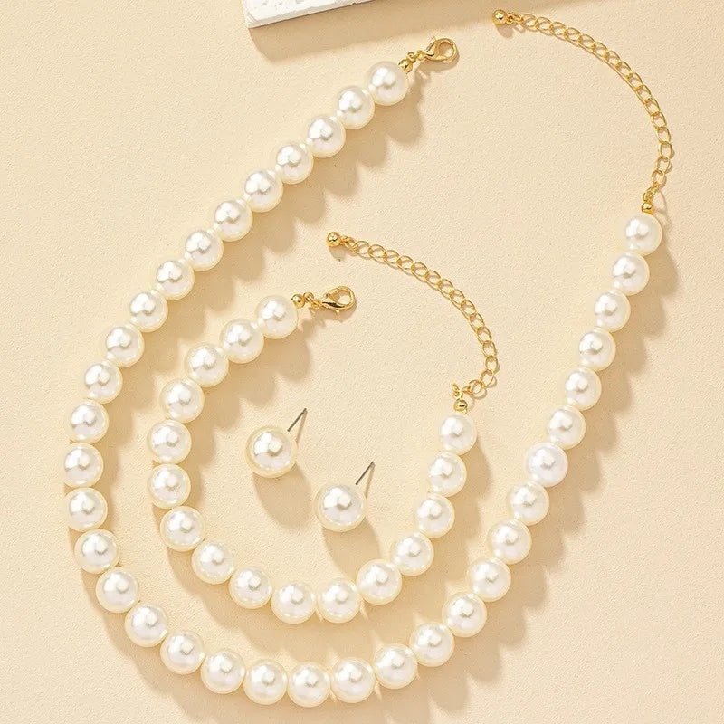 INS Fashion Minimalist Imitation Pearl Necklace Earrings Bracelet Jewelry Set Women's Party Accessories
