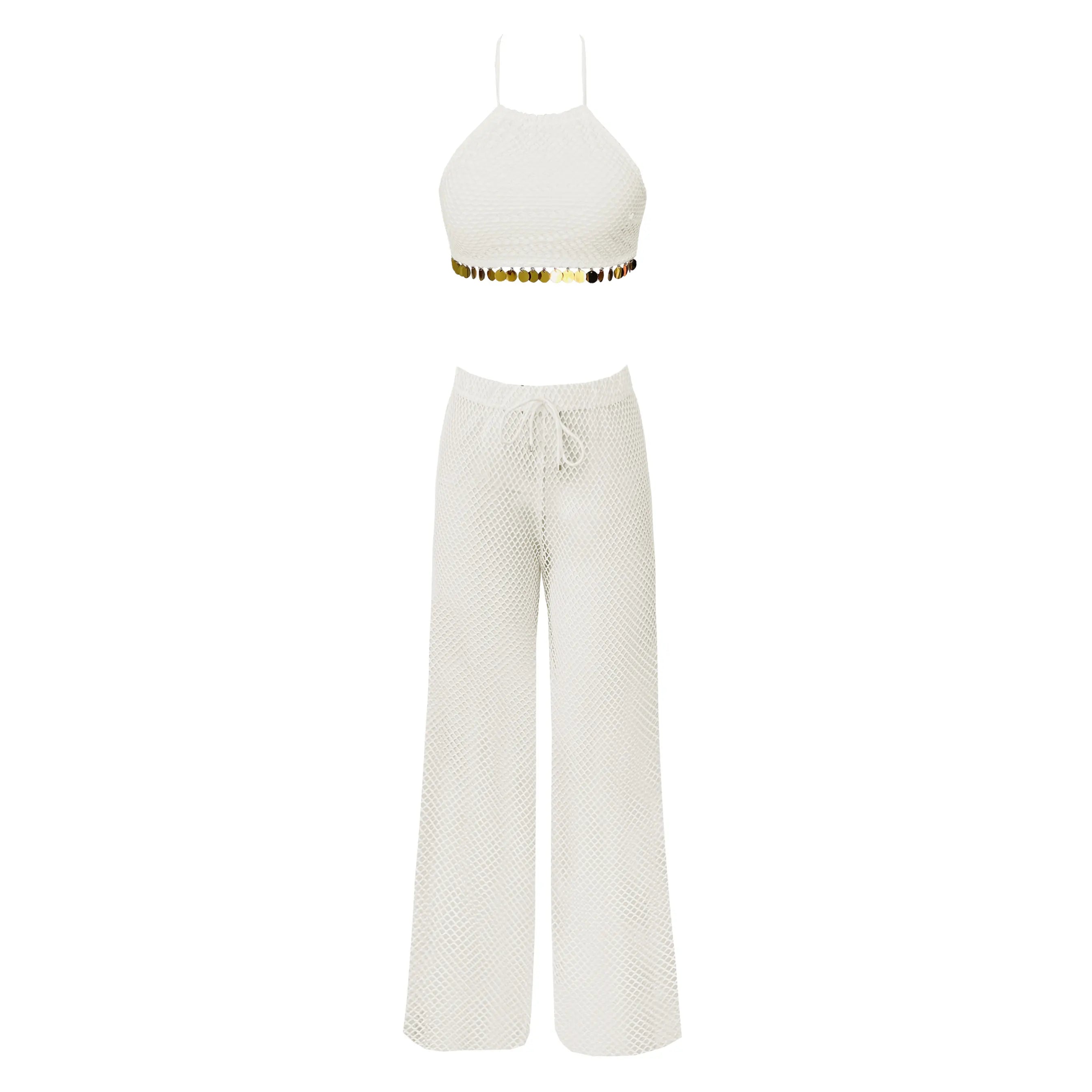 Sexy White Lace Three Piece Women Bikini Set With Pants Lace Bra High Waist Hollow Out Wide Leg Pants Suit Summer Beach Swimsuit