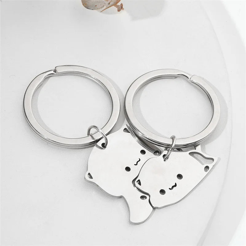 Cute Cat Keychain Stainless Steel Key ring Couple Lover Animal Matching Keyring Pendants Valentine's Day Gift
