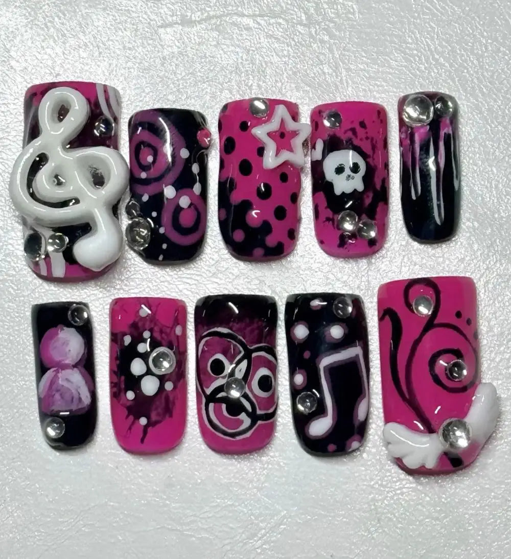 Y2K Spice Girls Handmade Note Polka Press On Nails Almonds Customized French Bow All Saints' Day False Nails Gift