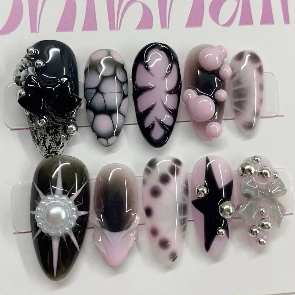 Y2K Spice Girls Handmade Note Polka Press On Nails Almonds Customized French Bow All Saints' Day False Nails Gift