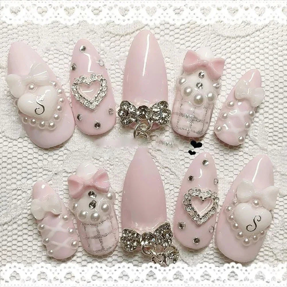 Y2K Spice Girls Handmade Note Polka Press On Nails Almonds Customized French Bow All Saints' Day False Nails Gift