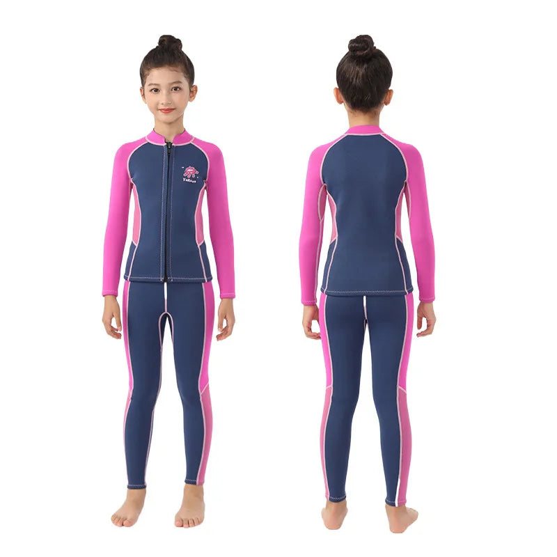 Kids Wetsuit 2pcs/set Top+Bottom 2.5mm Neoprene Jacket+Pants Long Sleeve Front Zipper Swimsuit Keep Warm Swimwear Dinving Suits
