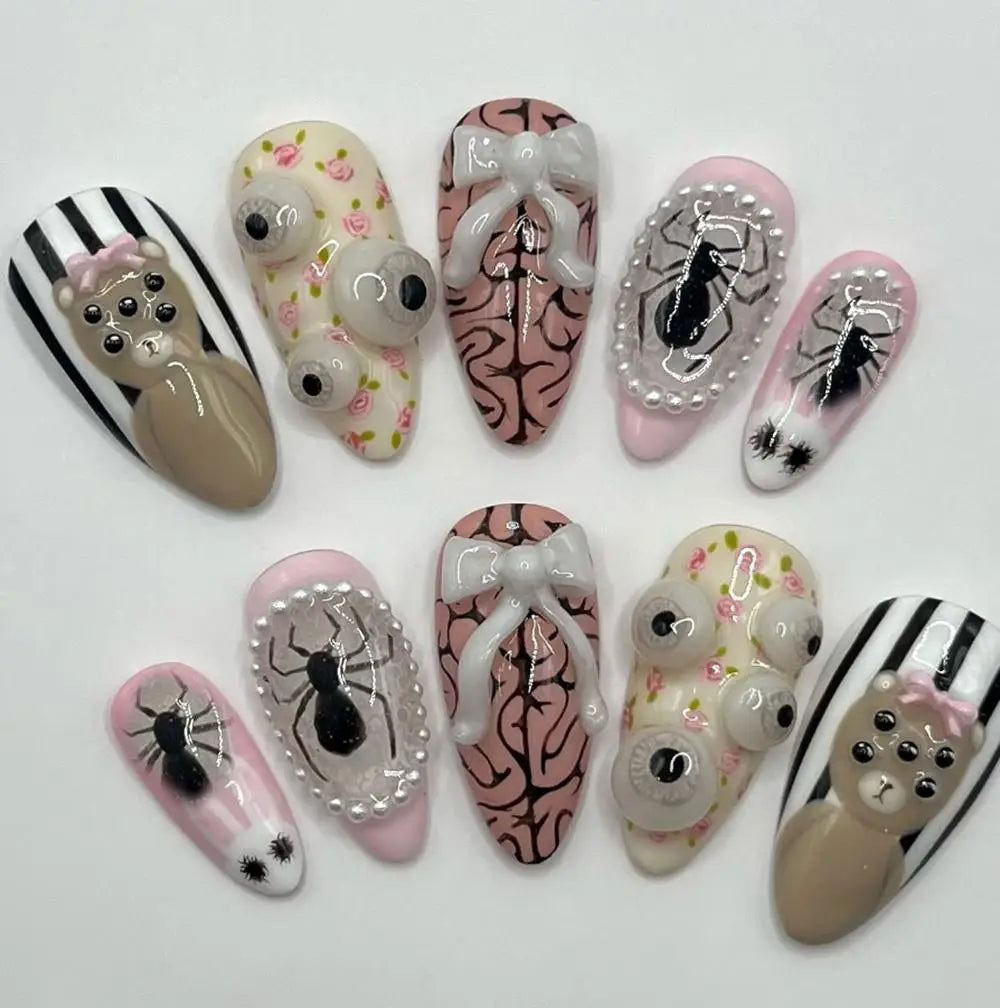 Y2K Spice Girls Handmade Note Polka Press On Nails Almonds Customized French Bow All Saints' Day False Nails Gift