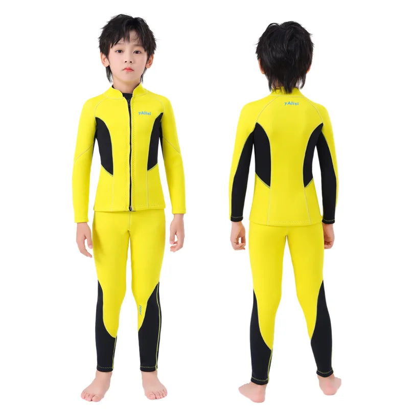 Kids Wetsuit 2pcs/set Top+Bottom 2.5mm Neoprene Jacket+Pants Long Sleeve Front Zipper Swimsuit Keep Warm Swimwear Dinving Suits