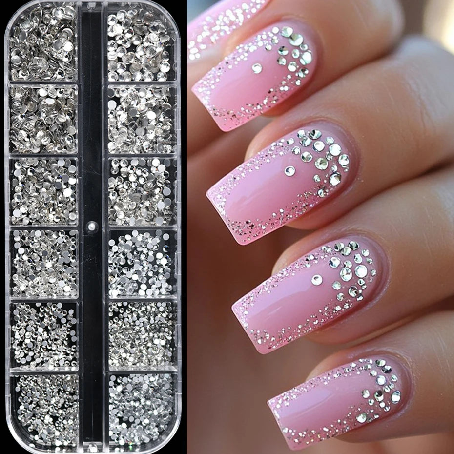 12 Grids Silvery Flat Bottom Rhinestone Nail Charms Shiny Crystal Diamond Sequins for Nails Suitable for Wedding Party Decor