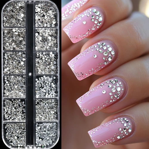 12 Grids Silvery Flat Bottom Rhinestone Nail Charms Shiny Crystal Diamond Sequins for Nails Suitable for Wedding Party Decor
