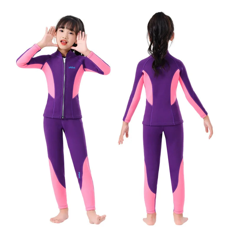 Kids Wetsuit 2pcs/set Top+Bottom 2.5mm Neoprene Jacket+Pants Long Sleeve Front Zipper Swimsuit Keep Warm Swimwear Dinving Suits