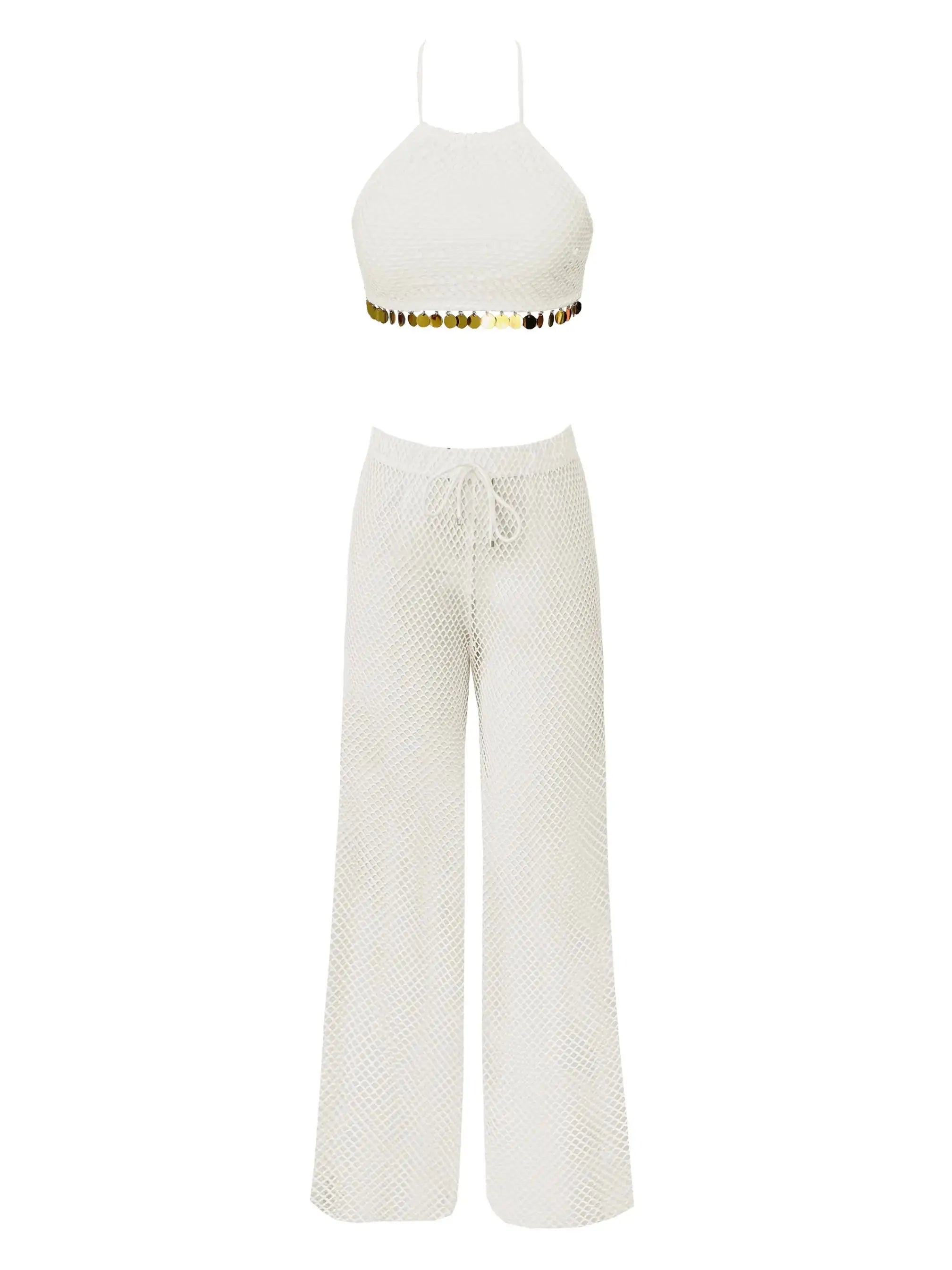 Sexy White Lace Three Piece Women Bikini Set With Pants Lace Bra High Waist Hollow Out Wide Leg Pants Suit Summer Beach Swimsuit