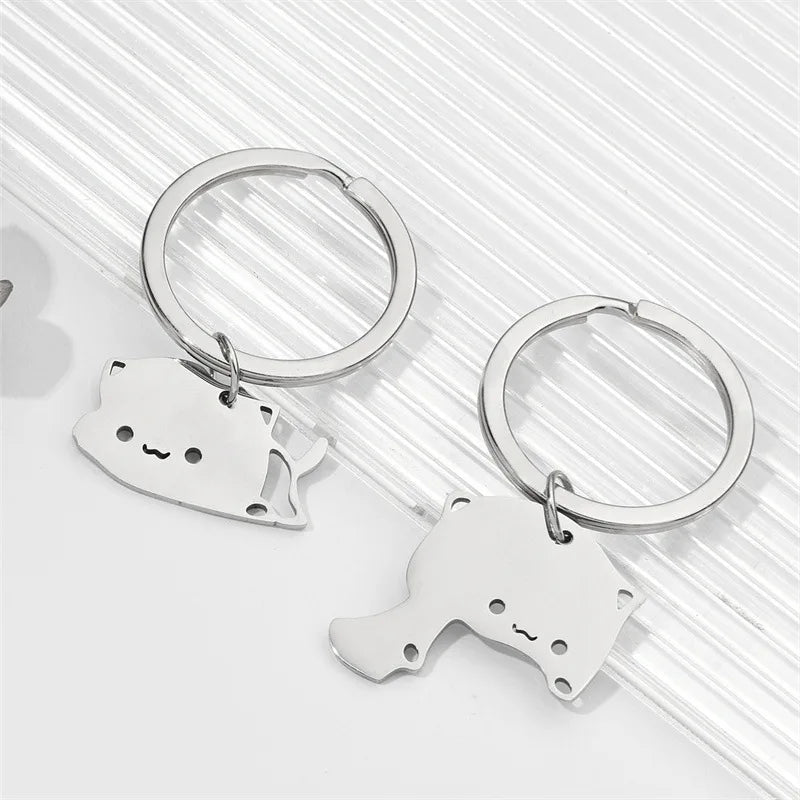 Cute Cat Keychain Stainless Steel Key ring Couple Lover Animal Matching Keyring Pendants Valentine's Day Gift