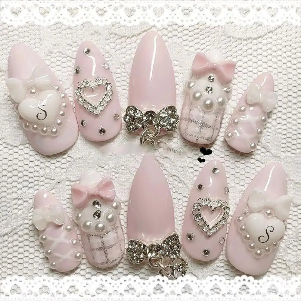 Y2K Spice Girls Handmade Note Polka Press On Nails Almonds Customized French Bow All Saints' Day False Nails Gift